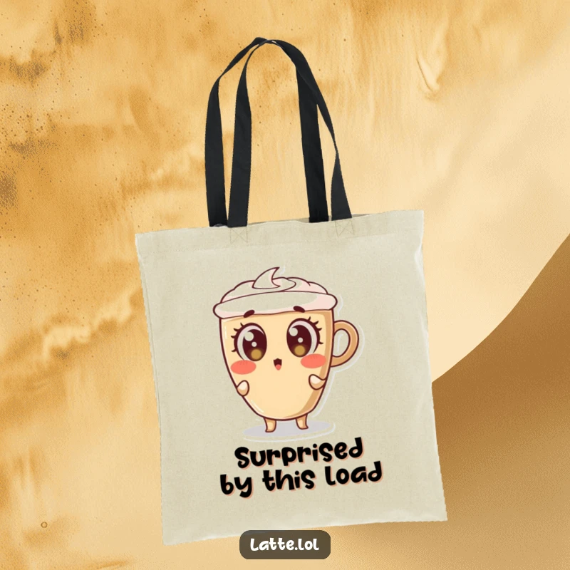 Funny tote bag featuring a latte cup character leaning backward with wide, shocked eyes, perfect for everyday use.