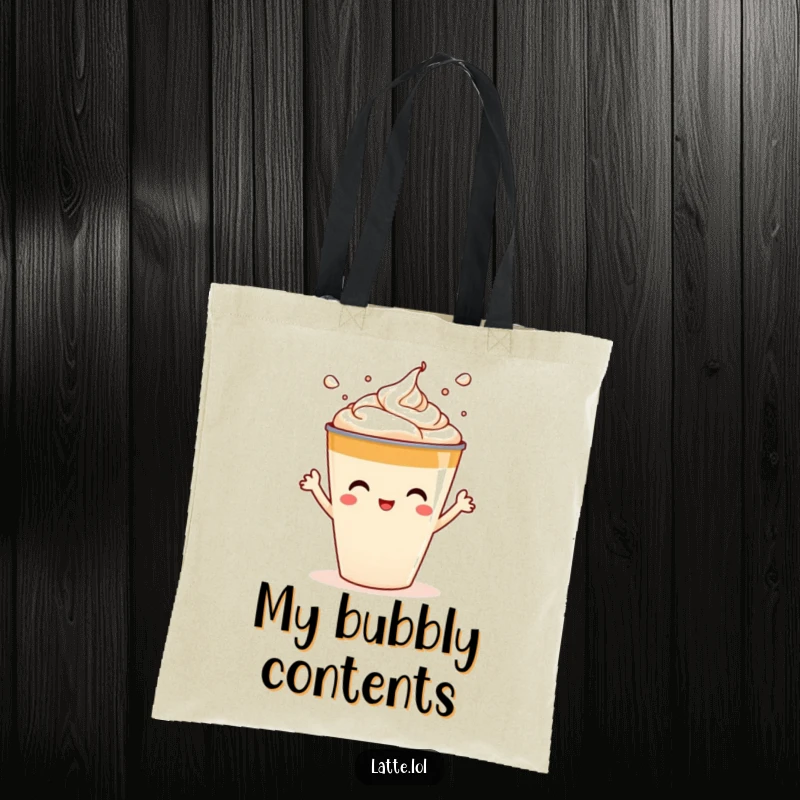 Funny tote bag illustration of a latte cup character playfully splashing foam art, ready for any task.