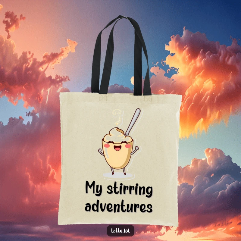 Funny Coffee Spoon Latte Tote Bag showing a spoon character stirring a happy latte. A practical and humorous accessory.