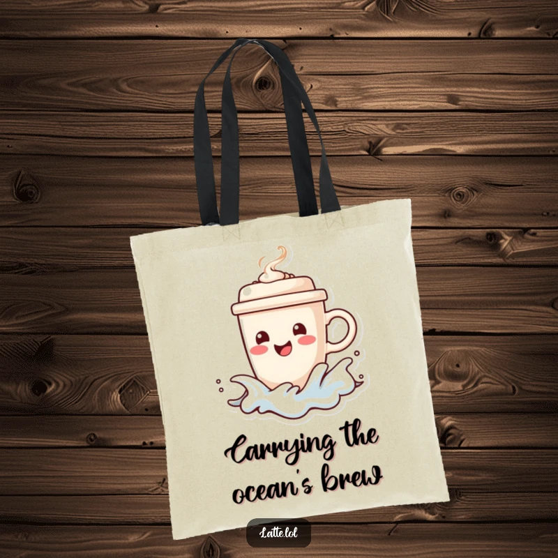 Funny tote bag featuring a happy coffee cup character surfing a frothy wave, steaming lid adding detail. Ready for adventure.